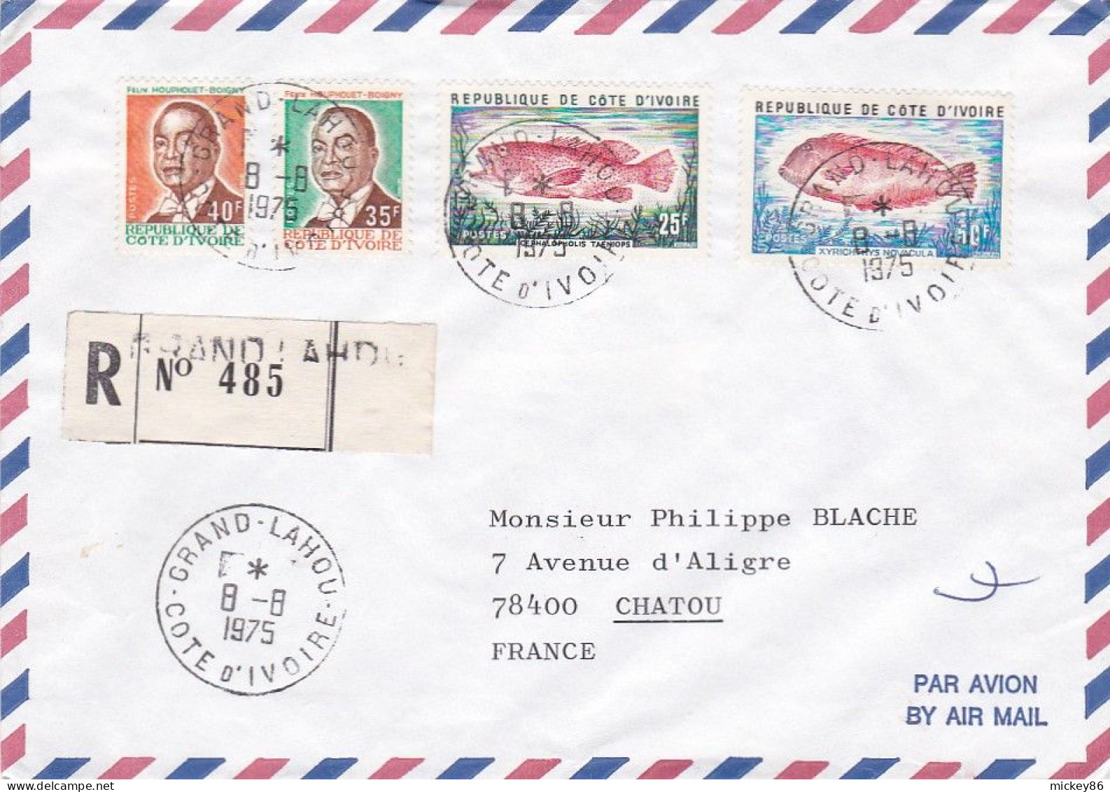 Côte D'Ivoire-1975--Lettre GRAND LAHOU  Pour CHATOU -78 (France)  , Timbres Poissons  Sur Lettre.....cachet - Ivory Coast (1960-...)
