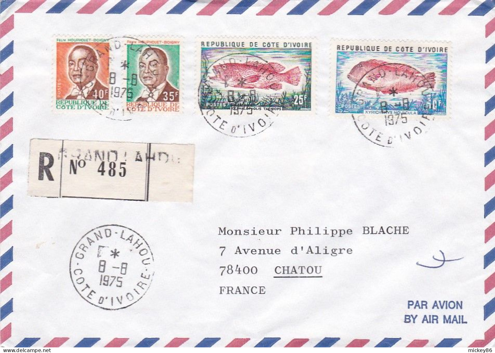 Côte D'Ivoire-1975--Lettre GRAND LAHOU  Pour CHATOU -78 (France)  , Timbres Poissons  Sur Lettre.....cachet - Costa D'Avorio (1960-...)