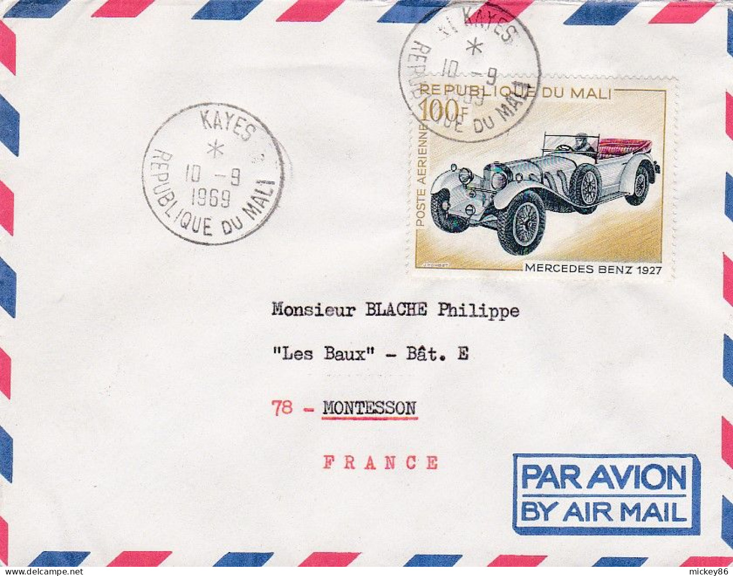 MALI -1969--Lettre  KAYES  Pour MONTESSON -78 (France)  , Timbre Voiture Mercedes   Seul    Sur Lettre.....cachet - Malí (1959-...)