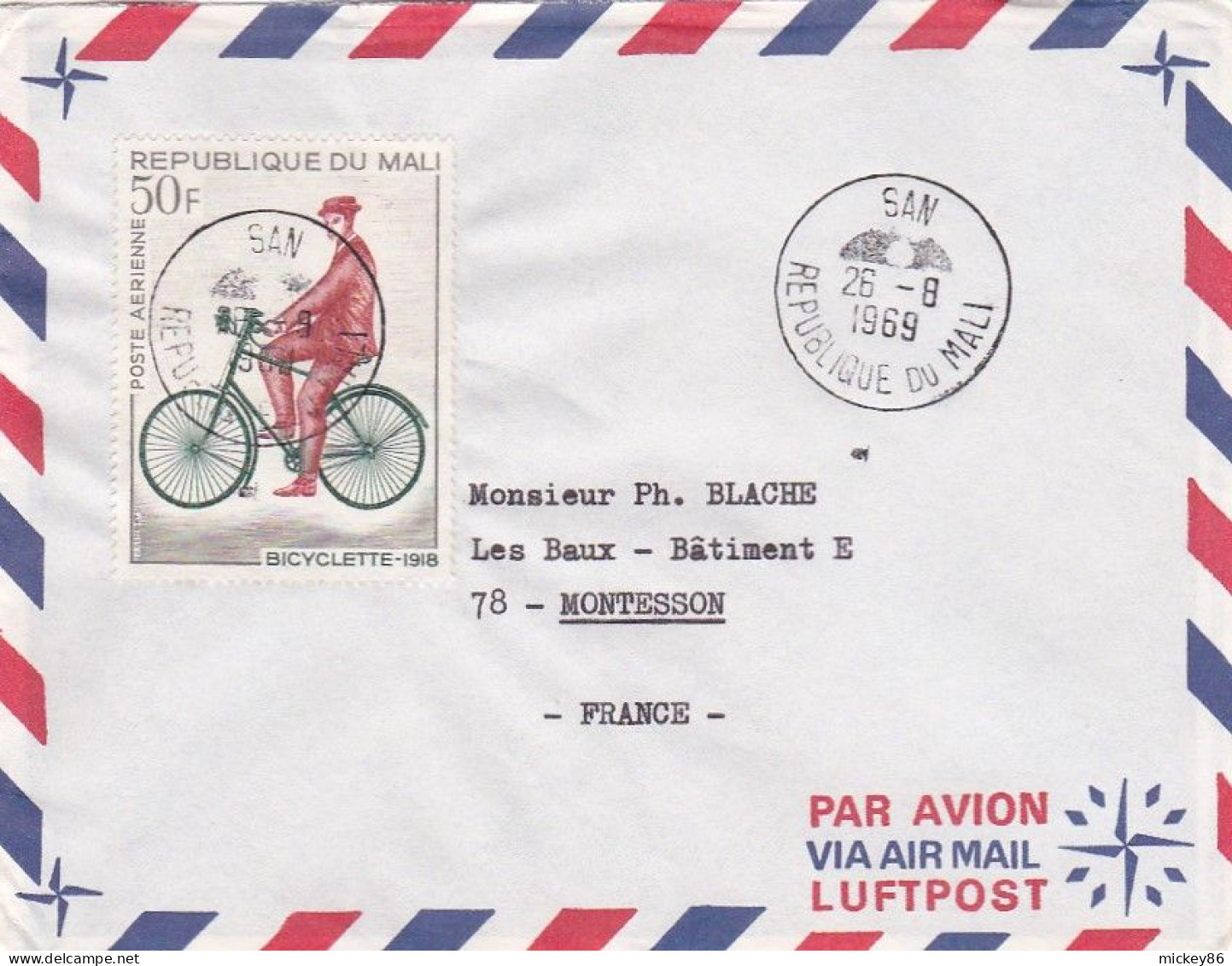 MALI -1969--Lettre  SAN  Pour MONTESSON -78 (France), Timbre Vélo-Bicyclette 1918  Seul Sur Lettre.....cachet - Malí (1959-...)