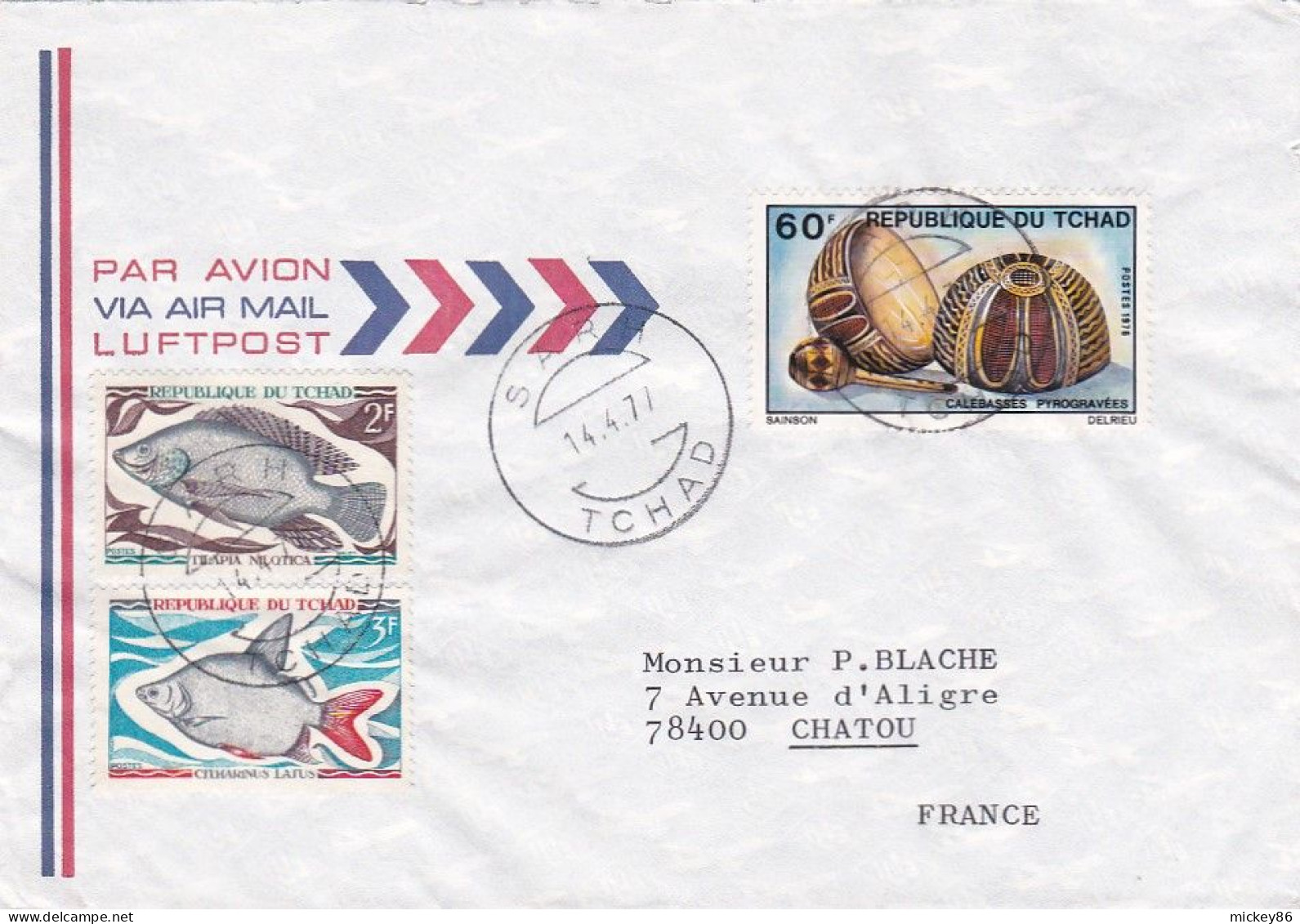 TCHAD -1977-Lettre SARH  Pour CHATOU-78 (France),timbres Poissons, Calebasses  Sur Lettre....cachet - Tchad (1960-...)