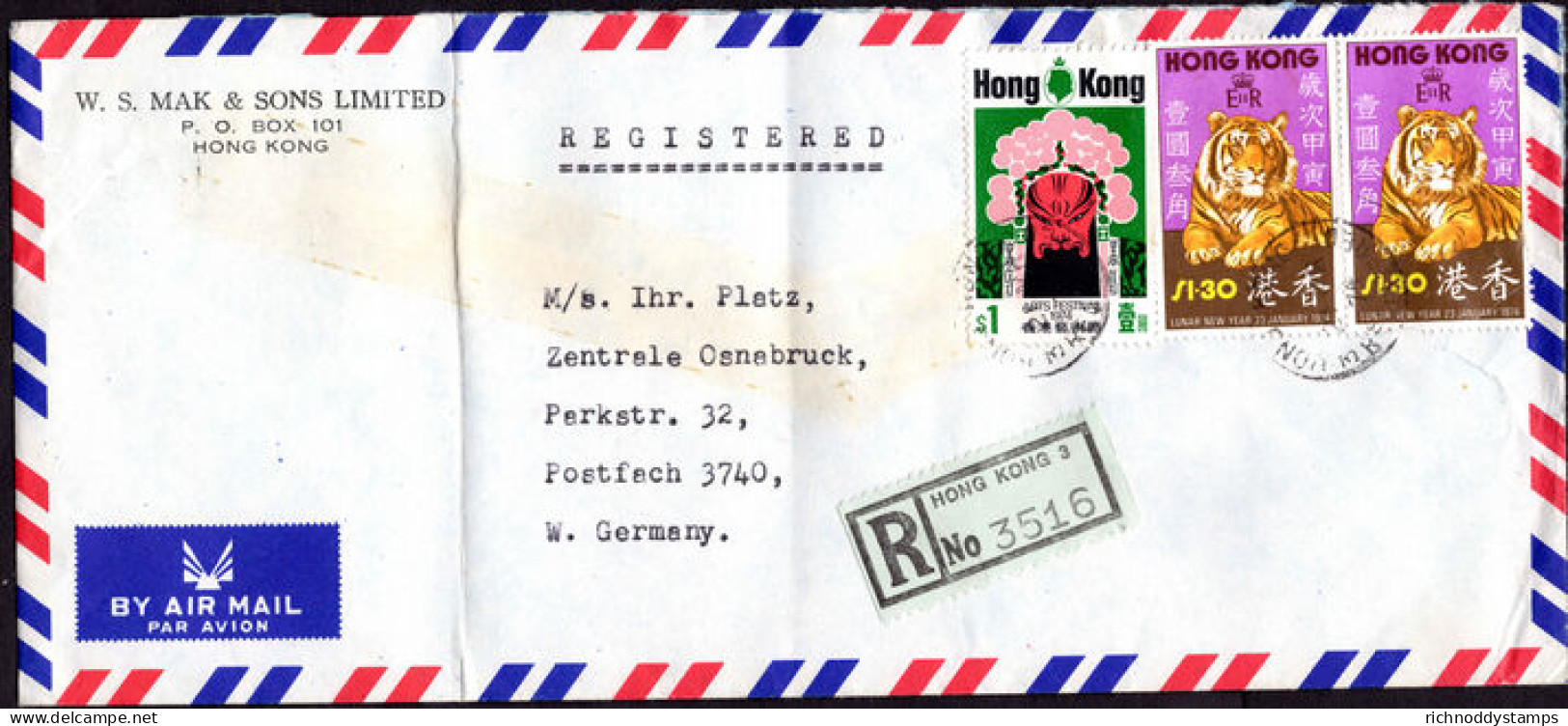 Hong Kong 1974 &#36;1.30 Tiger Pair And &#36;1 Festival Fine Used Commercial Cover. - Covers & Documents