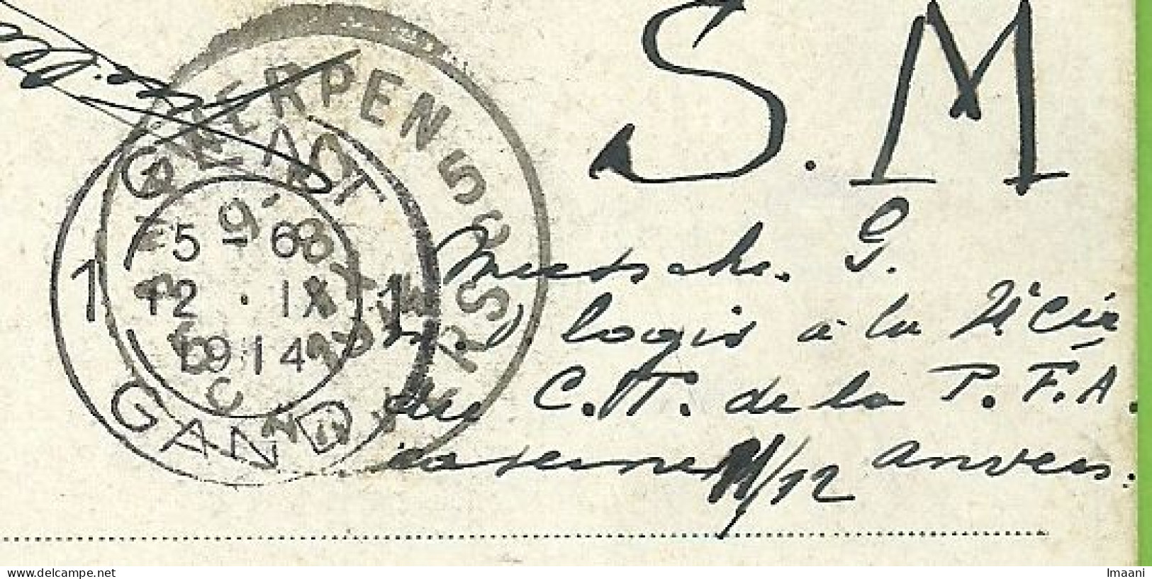 Kaart Stempel ANVERS 8/9/1914 Naar GENT 12/8/1914 ,verzonden Van "Caserne Anvers" (Offensief W.O.I) (K5600) - Zone Non Occupée