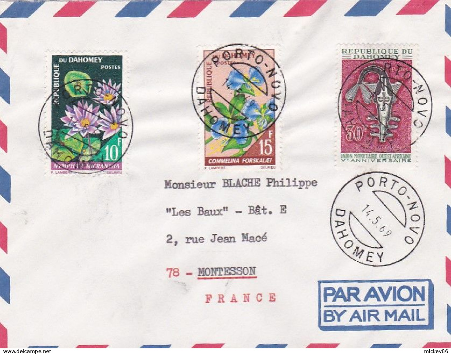 DAHOMEY-1969 -Lettre PORTO-NOVO Pour MONTESSON-78 (France),timbres Fleurs,union Monétaire  Sur Lettre....cachet - Benin – Dahomey (1960-...)
