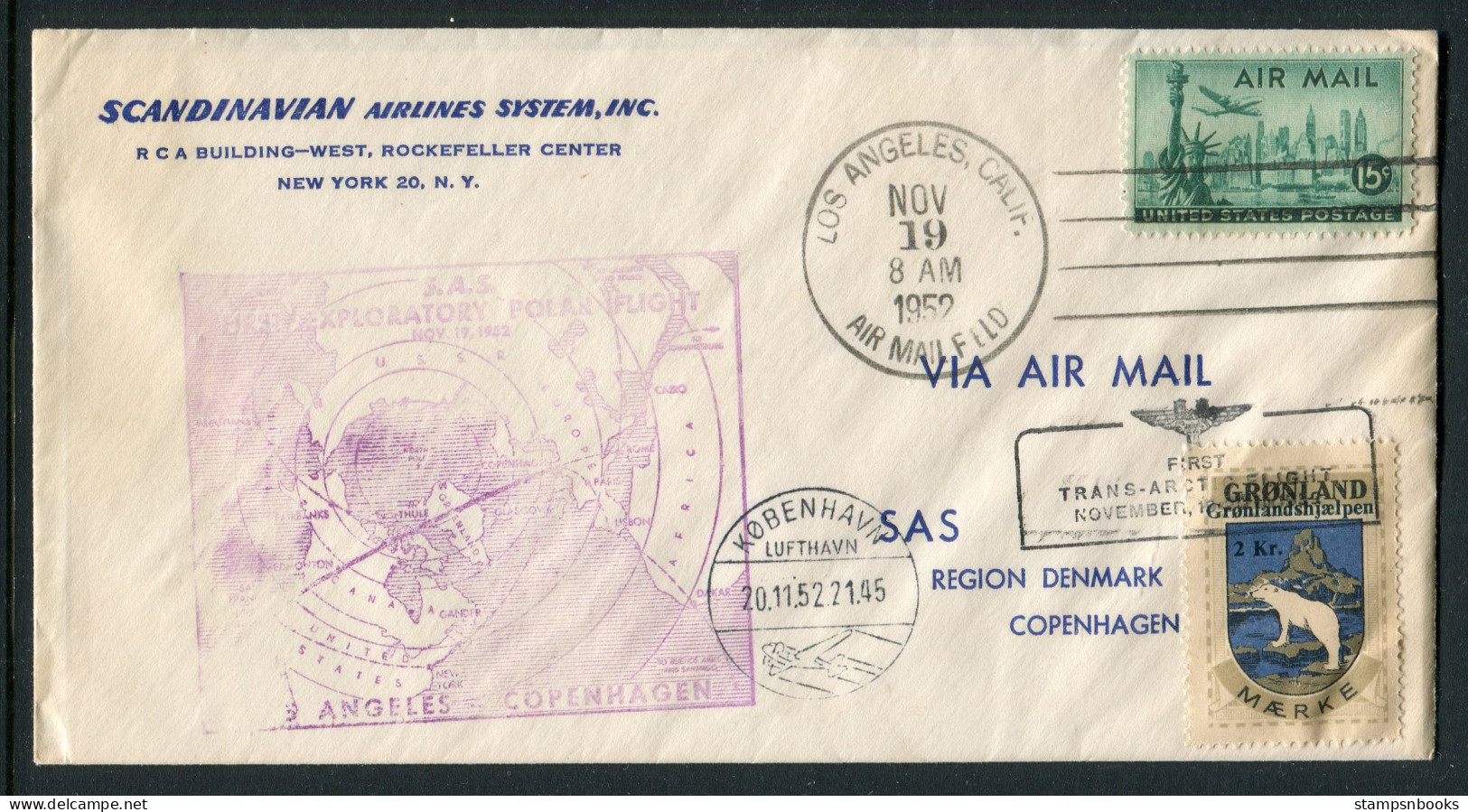 1952 USA Los Angeles - Copenhagen SAS Greenland First Flight Cover  - Covers & Documents