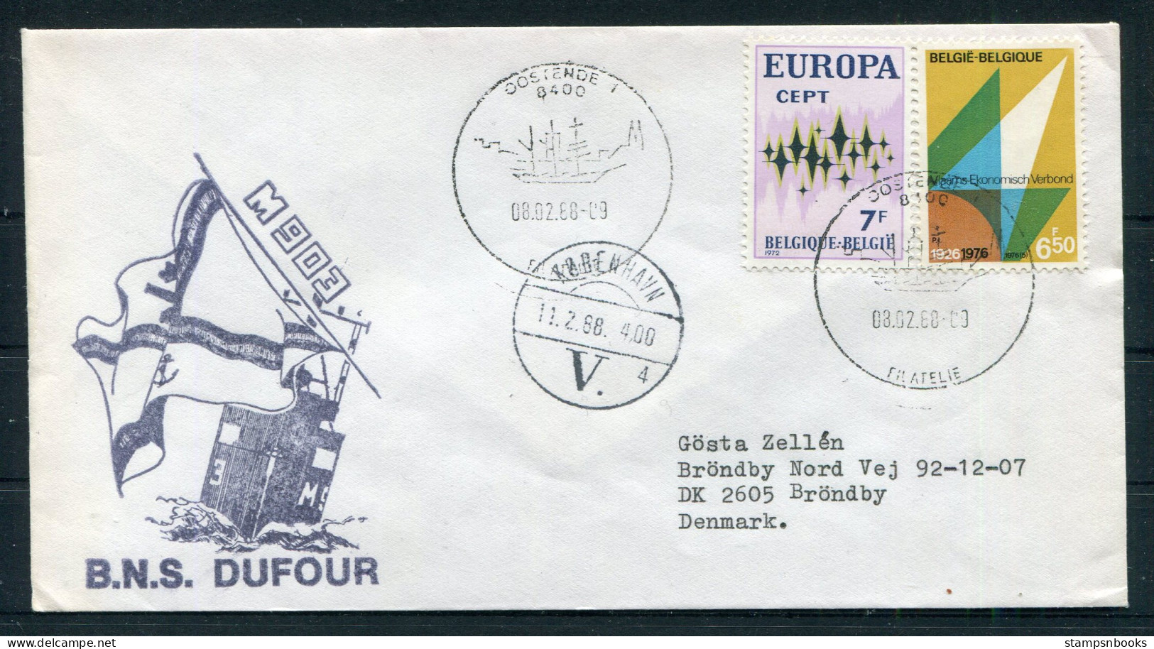 1988 Belgium B.N.S. DUFOUR Submarine Ostend - Copenhagen Cover  - Cartas & Documentos