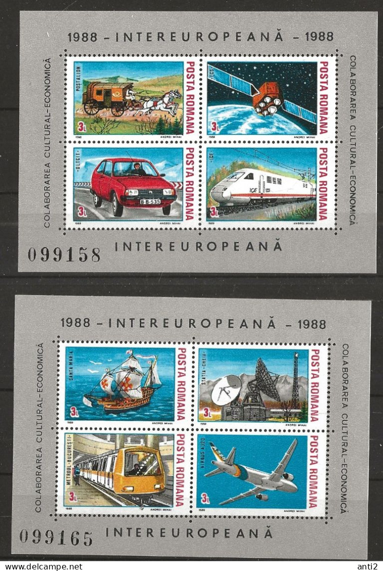 Romania 1988 INTEREUROPE. Transport Ship, Train, Plane. Satelite, Car, Mi Bloc 239-240  MNH(**) - Ungebraucht