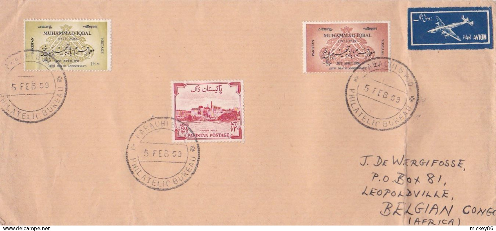 PAKISTAN --1959 --Lettre De KARACHI  Pour LEOPOLDVILLE (Congo Belge)...timbres (3 Valeurs) ...cachets - Pakistan