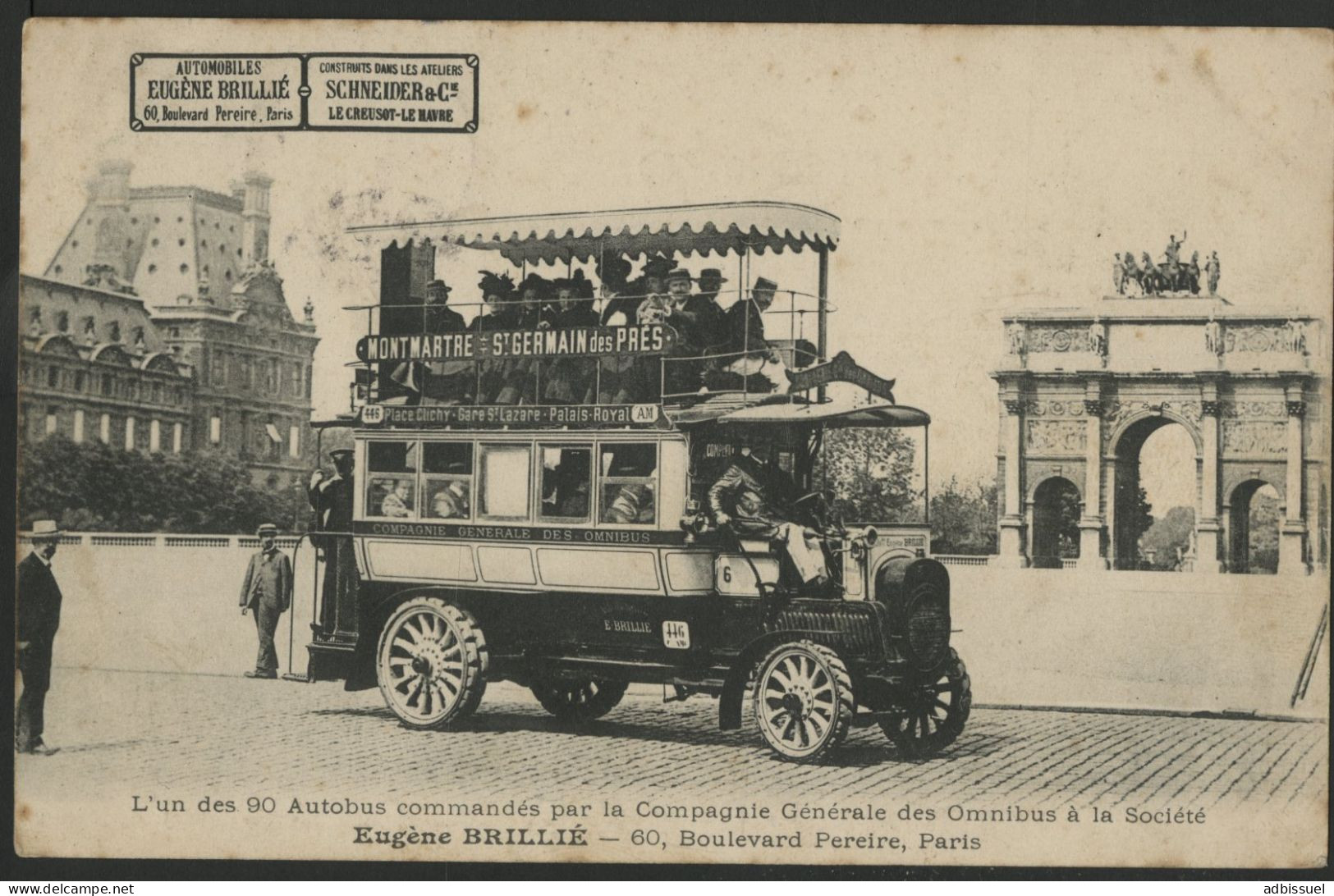 Eugène Brillié L'un Des 90 Autobus Compagnie Générale Des Omnibus, Gros Plan Au Louvre, Carte Ayant Voyagé. - Transport Urbain En Surface