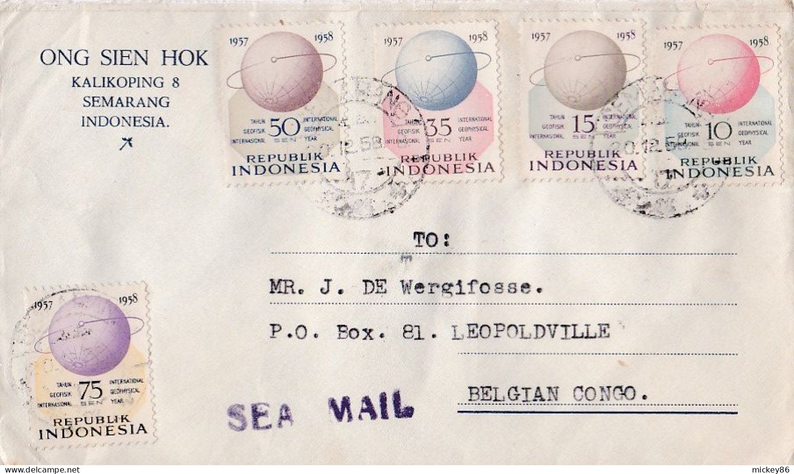 INDONESIE--1958--Lettre De SEMARANG Pour LEOPOLDVILLE (Congo Belge)...timbres (5 Valeurs)...cachets...Vignettes Au Verso - Indonesien
