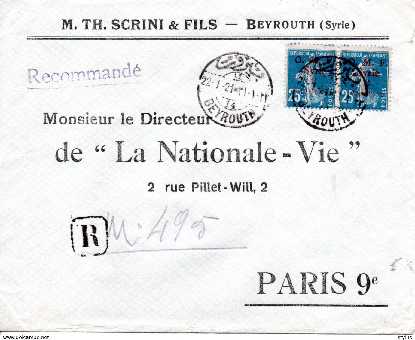 Lettre Recommandée De Beyrouth 1921 - Lettres & Documents