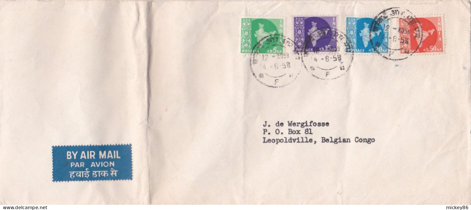 Inde -1958 -lettre De BOMBAY  Pour LEOPOLDVILLE (Congo Belge)...timbres ( 4 Valeurs)  Sur Lettre.....cachet - Brieven En Documenten