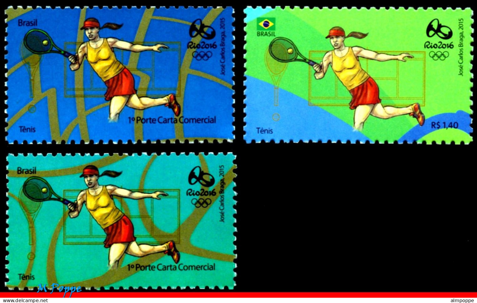 Ref. BR-OLYM-E21 BRAZIL 2015 - OLYMPIC GAMES, RIO 2016,TENNIS, STAMPS OF 3RD & 4TH SHEET, MNH, SPORTS 3V - Zomer 2016: Rio De Janeiro