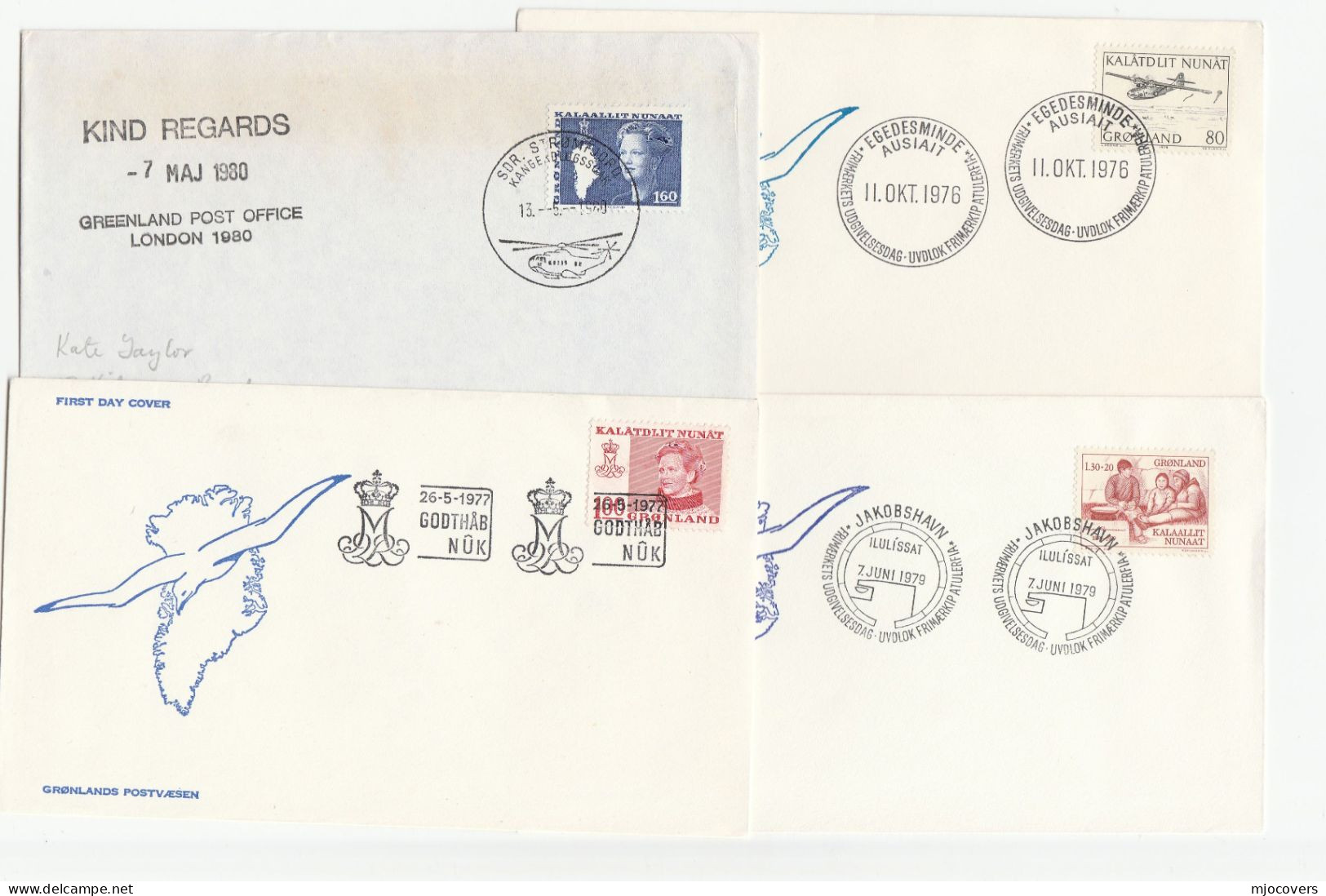 1976 - 1980 4 GREENLAND COVERS Fdc Event Cover Stamps Royalty Aviation Helicopter - Covers & Documents