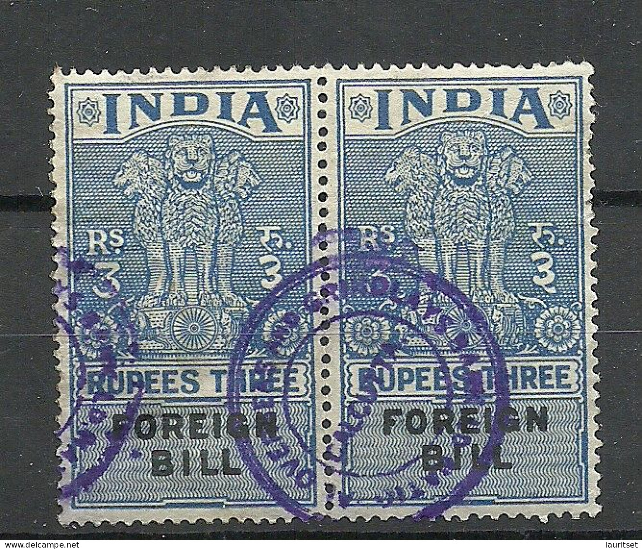 INDIA Revenue Tax Foreign Bill, 3 Rupees, Pair, O - Dienstmarken