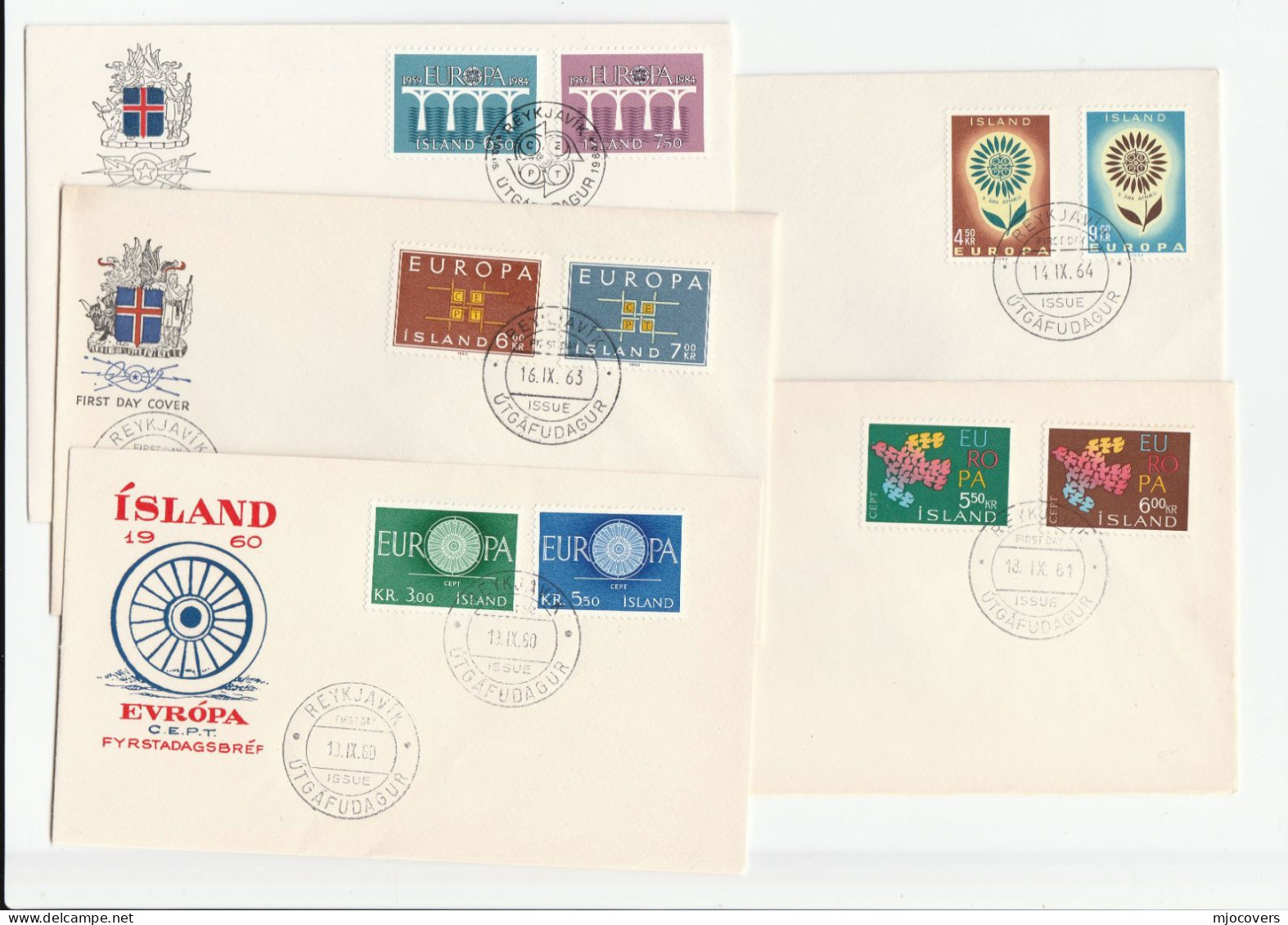 5  Diff Iceland EUROPA  FDC 1960, 1961, 1963, 1964, 1984 Stamps Cover - Collections