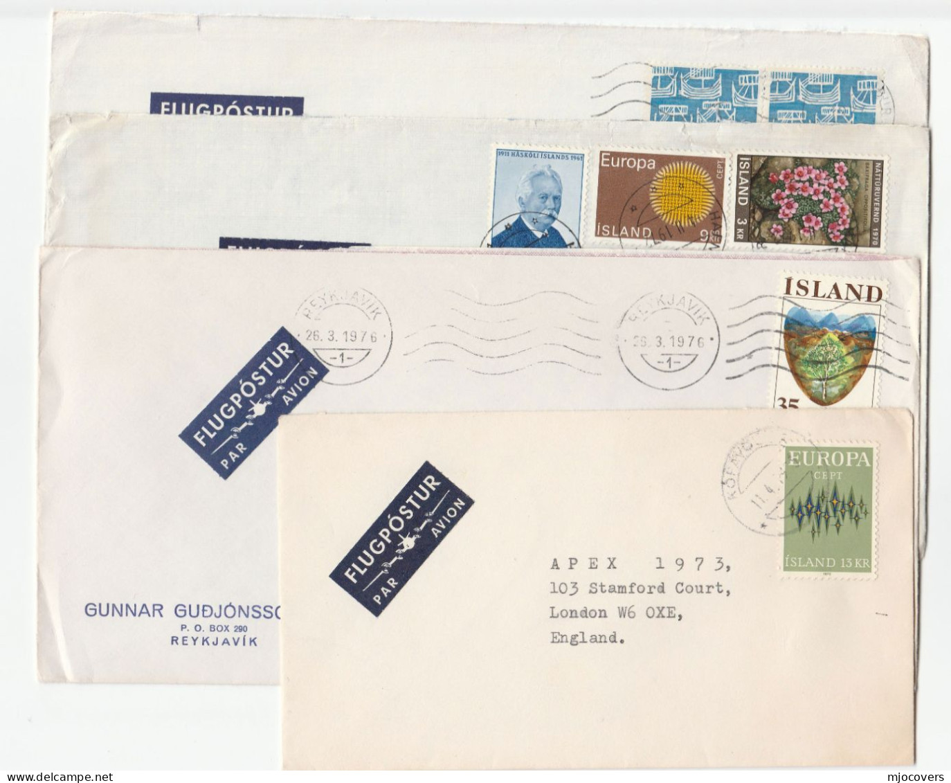 1970s 4 X ICELAND Multi Stamps COVERS With Aircraft On Airmail Label To GB Aviation Flight Cover - Poste Aérienne