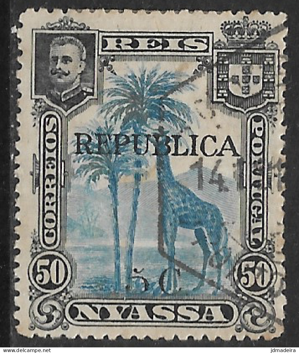 Niassa – 1918 King Carlos Overprinted REPUBLICA And Surcharged 5 C. Over 50 Réis Used Stamp - Nyassaland