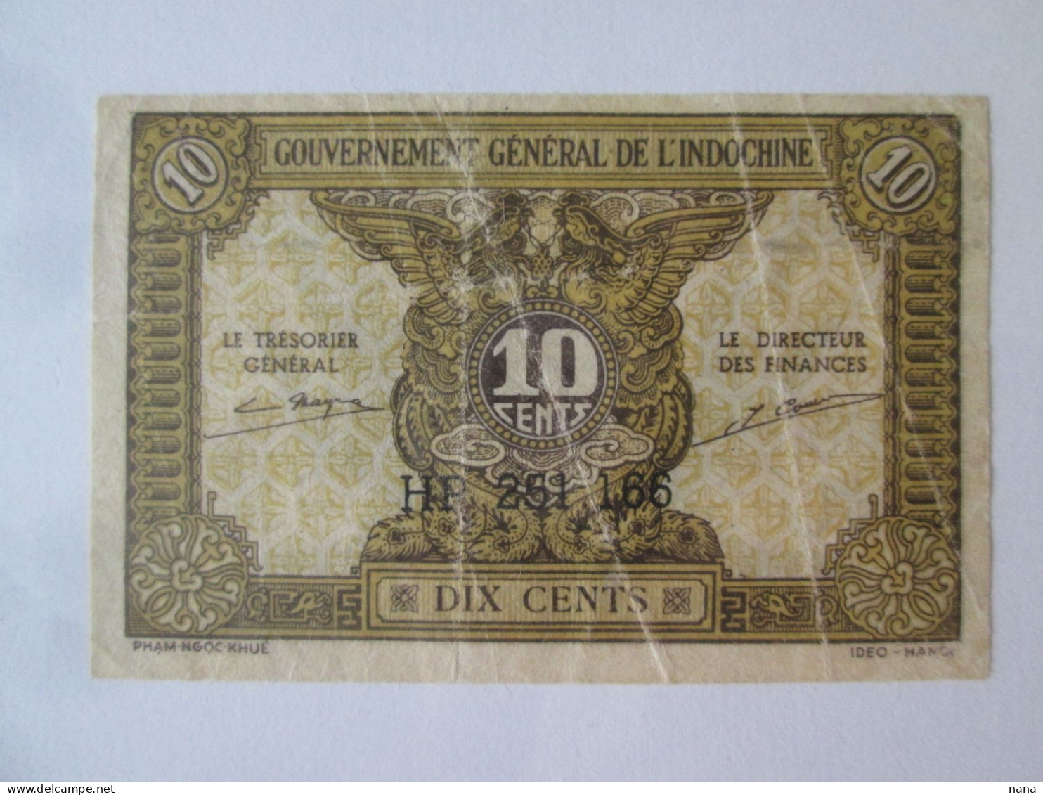 French Indochina:Cambodia,Laos,Vietnam 10 Cents 1942 Banknote See Pictures - Indocina