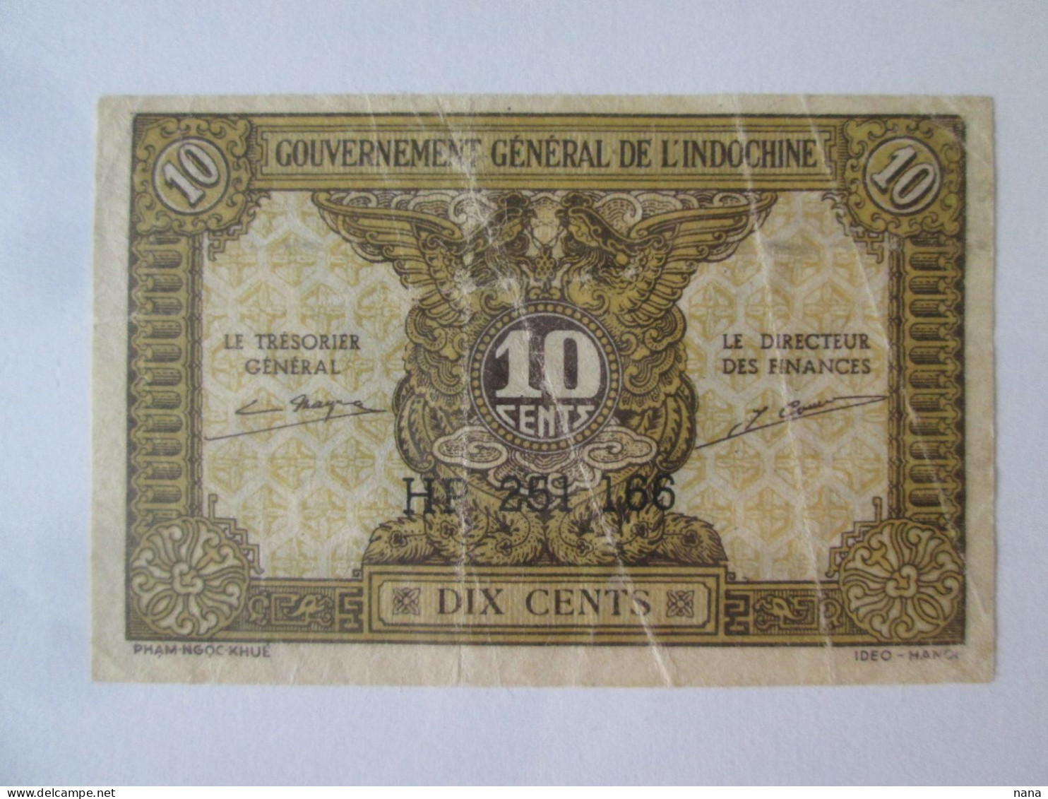 French Indochina:Cambodia,Laos,Vietnam 10 Cents 1942 Banknote See Pictures - Indochina