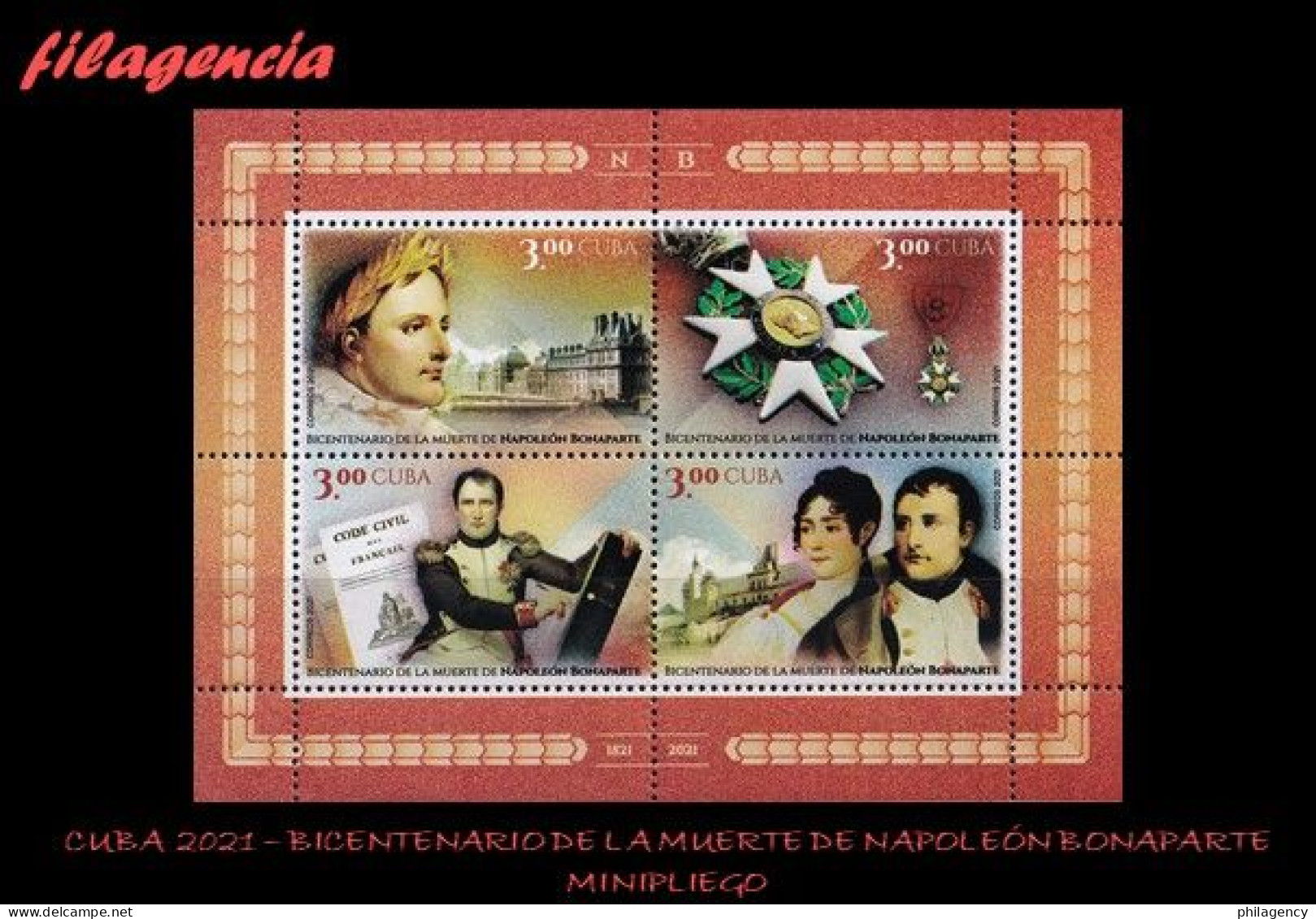 CUBA MINT. 2021-04 BICENTENARIO DE LA MUERTE DE NAPOLEÓN BONAPARTE. HOJA BLOQUE - Nuevos