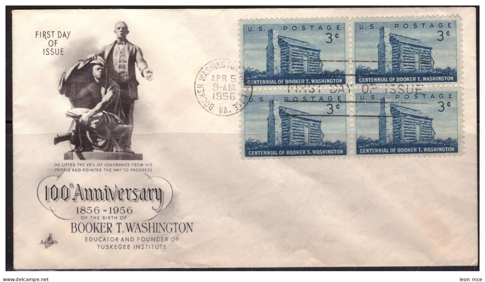 1956 USA, FDC BOOKER T. WASHINGTON, BLOCK Of 4  Sc 1074 - Storia Postale