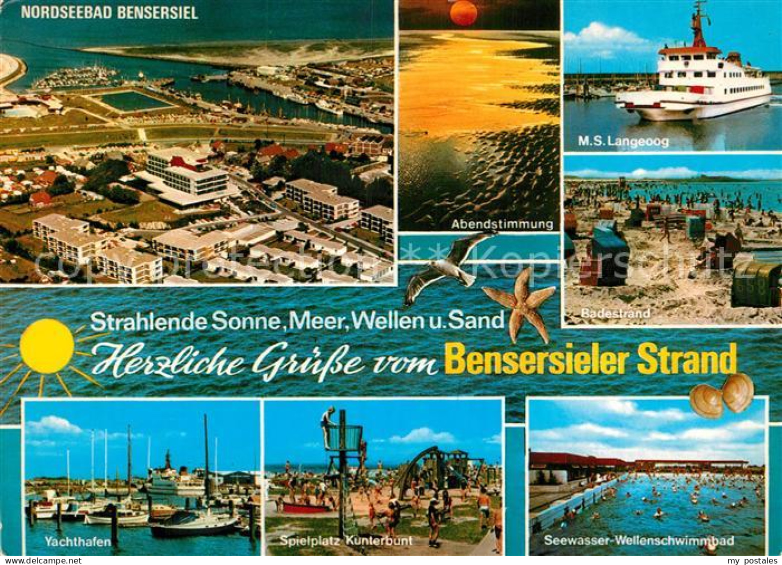 72993770 Bensersiel Fliegeraufnahme Personenschiff Langeoog Badestrand Yachthafe - Esens