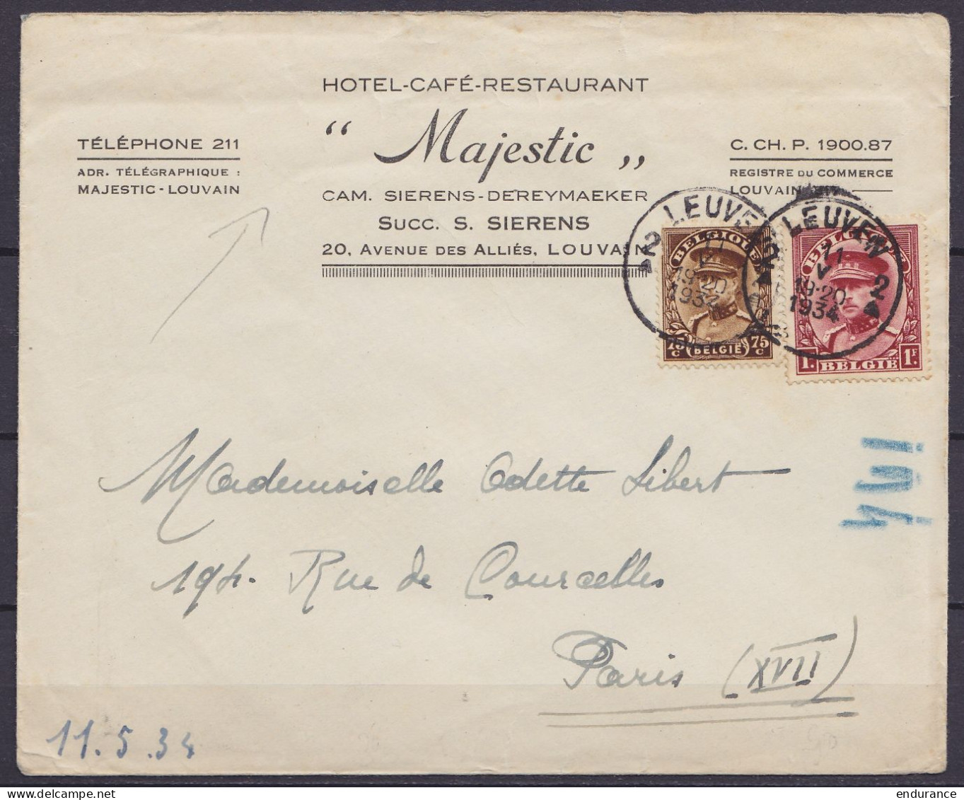 L. Entête Hôtel "Majestic - Louvain" Affr. N°317+341 Albert 1e Càd LEUVEN 2/11 V 1934 Pour PARIS - 1931-1934 Kepi