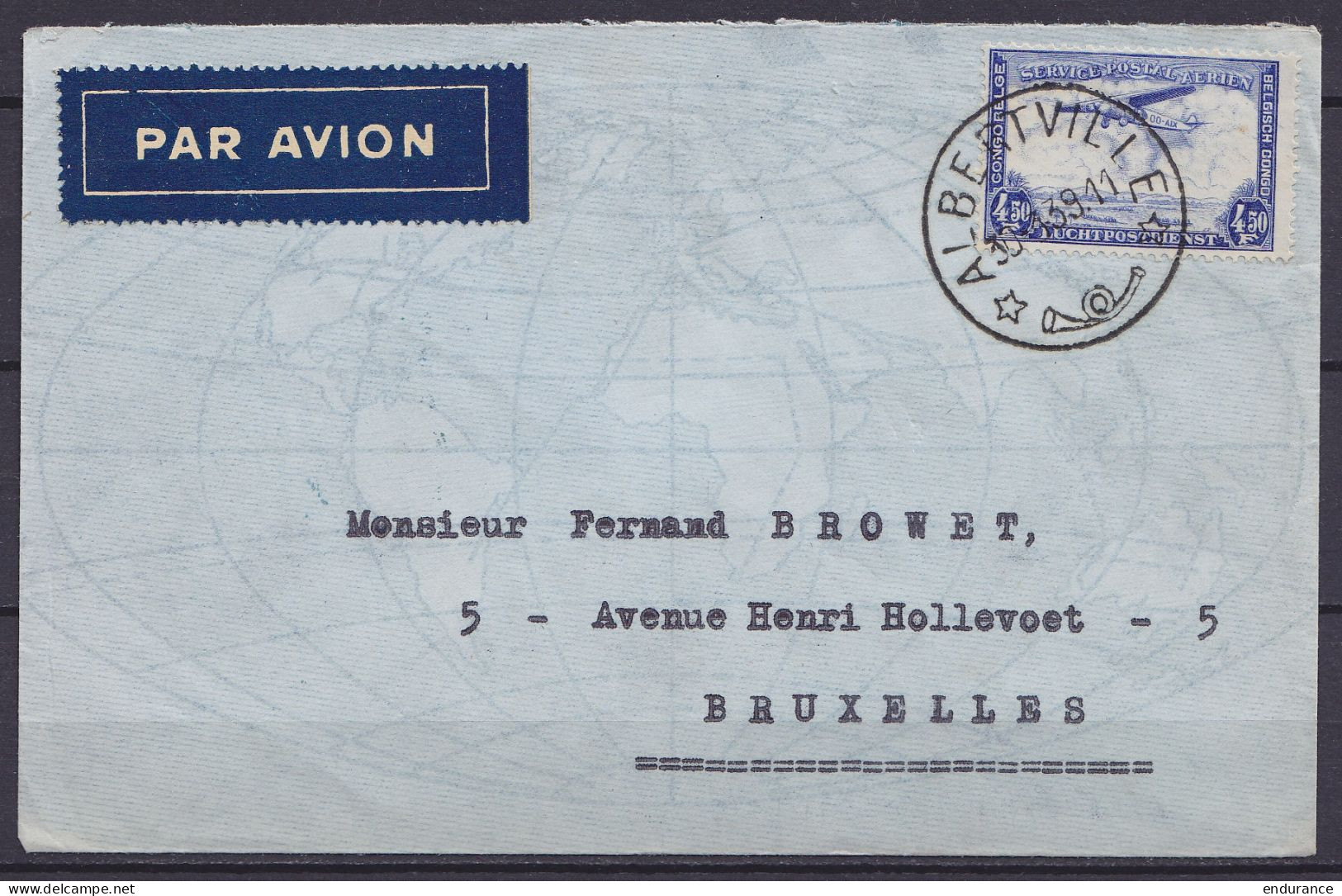 Congo Belge - L. Avion Affr. N°PA11 Càd ALBERTVILLE /30.3.1939 Pour BRUXELLES (au Dos: Càd KABALO /31-3.39/ POSTES) - Storia Postale