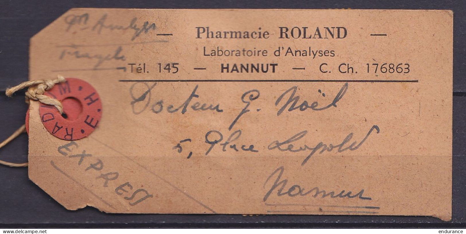 Etiquette De Sac EXPRESS Affr. N°772+419+426+711 Càd CdF [HANNUT /25 II 1949] De Pharmacien Roland Pour Médecin à NAMUR - 1935-1949 Kleines Staatssiegel