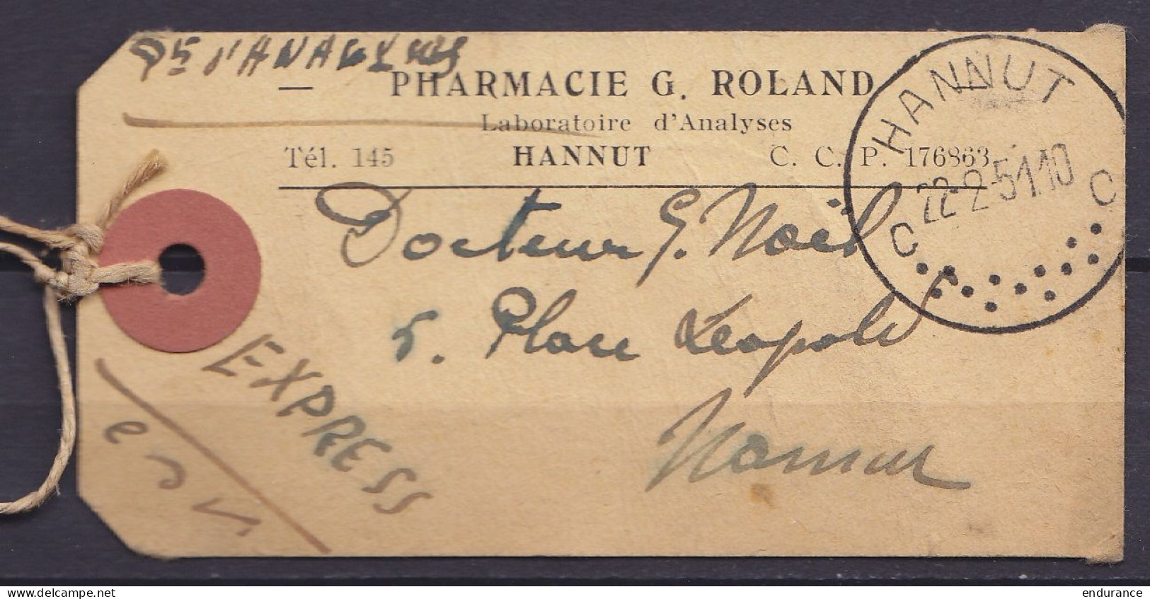 Etiquette De Sac EXPRESS Affr. N°767+772 Càd HANNUT /22.2.1951 De Pharmacien Roland Pour Médecin à NAMUR - 1948 Esportazione