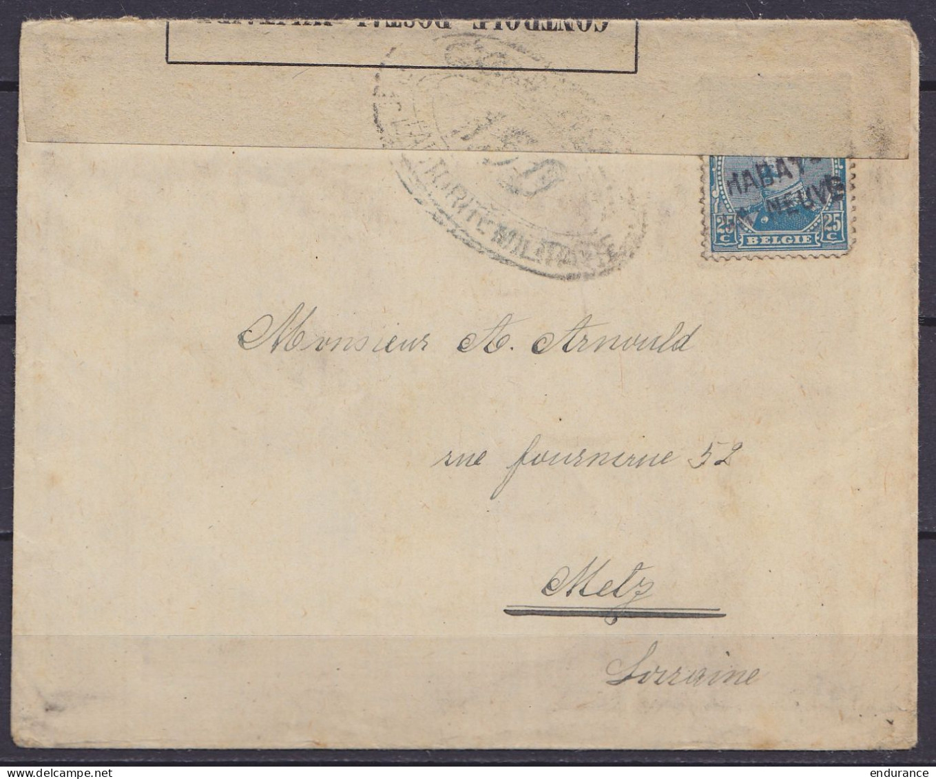 L. Affr. N°141 Oblit. Fortune "HABAY-LA-NEUVE" Pour METZ - Bande Et Cachet Censure "CONTRÔLE POSTAL MILITAIRE" - Fortune Cancels (1919)