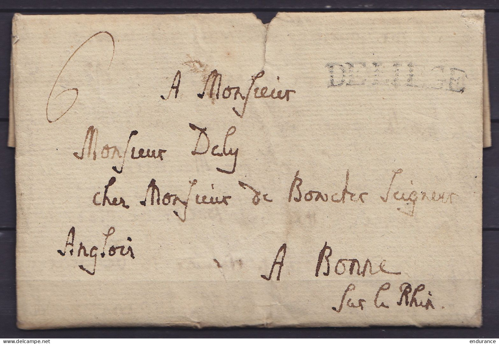 L. Datée Mai 1785 De LIEGE Pour BONNE Sur Le Rhin (Bonn) - Griffe "DELIEGE" - Port "6" - 1714-1794 (Paises Bajos Austriacos)