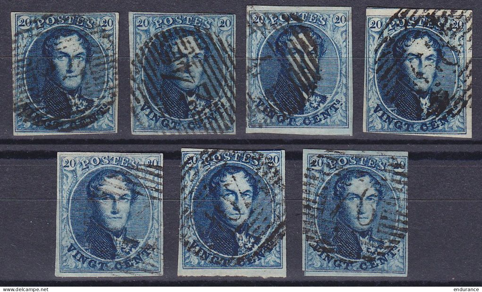 Belgique - N°4 - Mot De 7 Médaillon 20c Bleu - Papiers Minces à épais - Différentes Nuances - 1849-1850 Medallions (3/5)