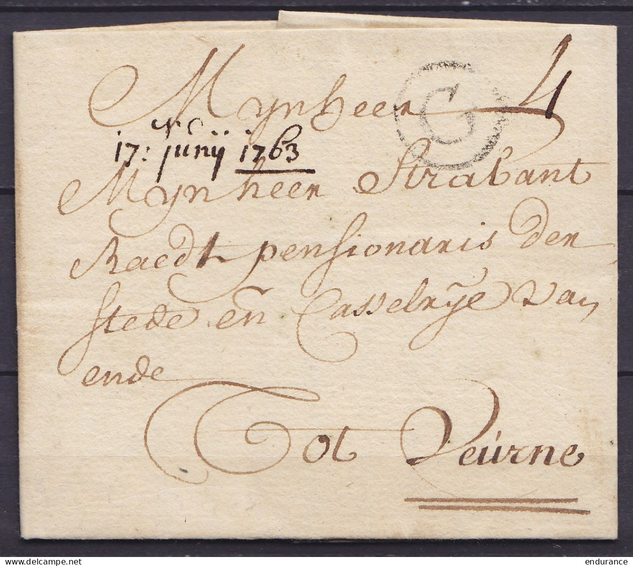 L. Datée 17 Jun 1763 De GHENDT Pour VEURNE - Marque "G" (Gand) - Port "4" - 1714-1794 (Pays-Bas Autrichiens)