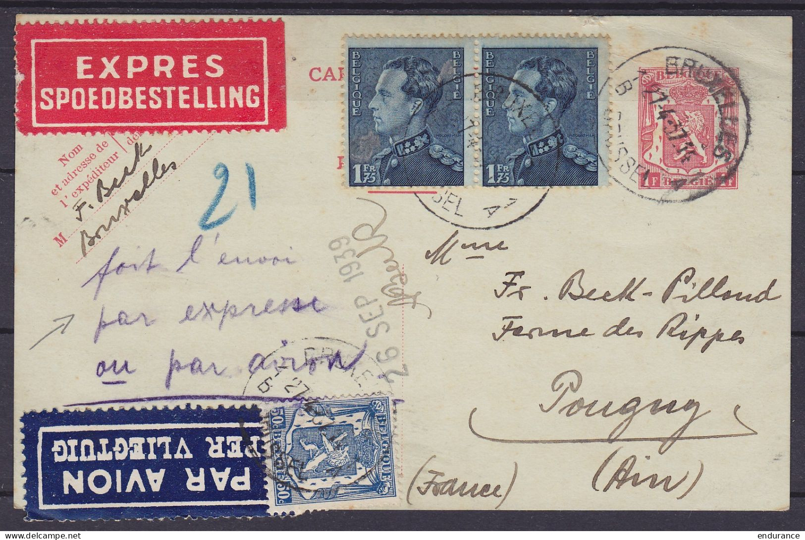 EP 1f + N°426+430x2 Càd BRUXELLES 1B/27-4-1937 - "par Express Ou Par Avion" ! (voir Les 2 étiquettes) Pour POUGNY (Ain) - 1936-1951 Poortman