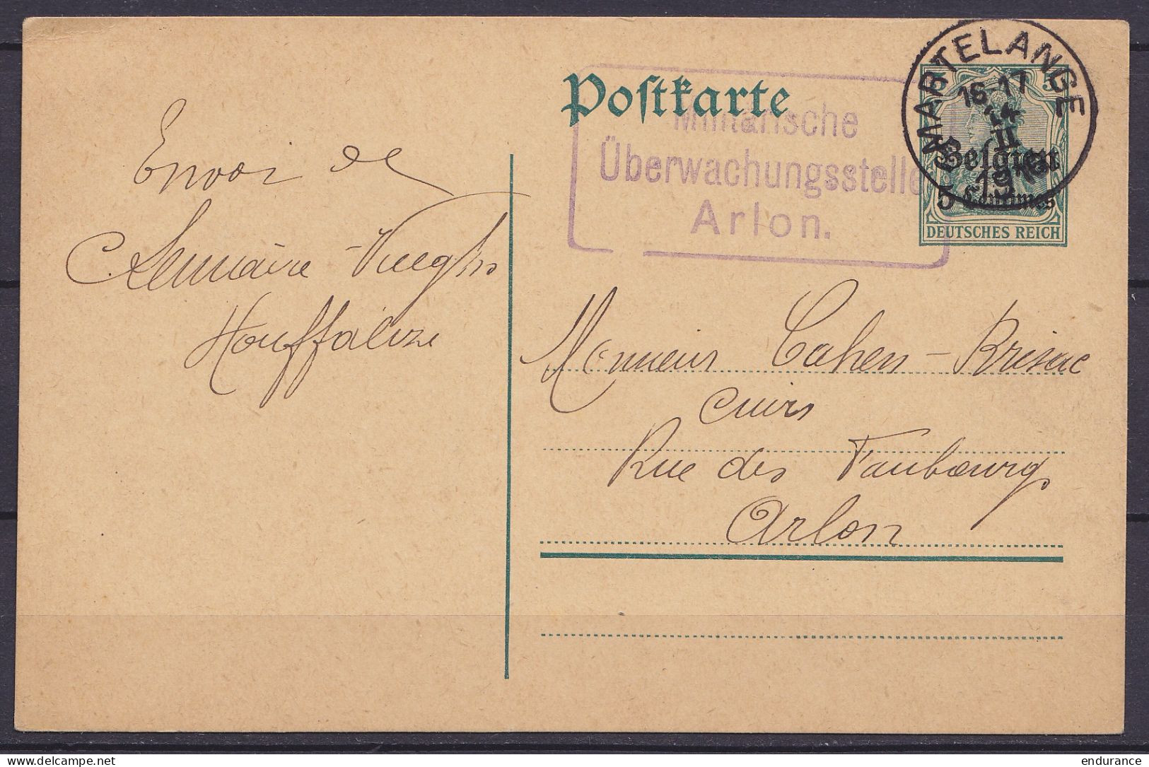 CP Postkarte 5c Vert De Houffalize Càd MARTELANGE /14 II 1916 Pour ARLON - Cachet Censure Militaire [Militärische Überwa - Deutsche Besatzung