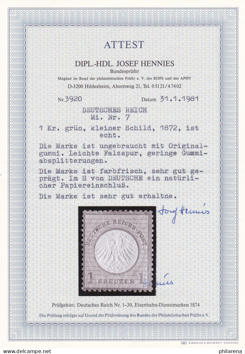 Deutsches Reich: MiNr. 7, Kleiner Schild, *, BPP Attest - Unused Stamps