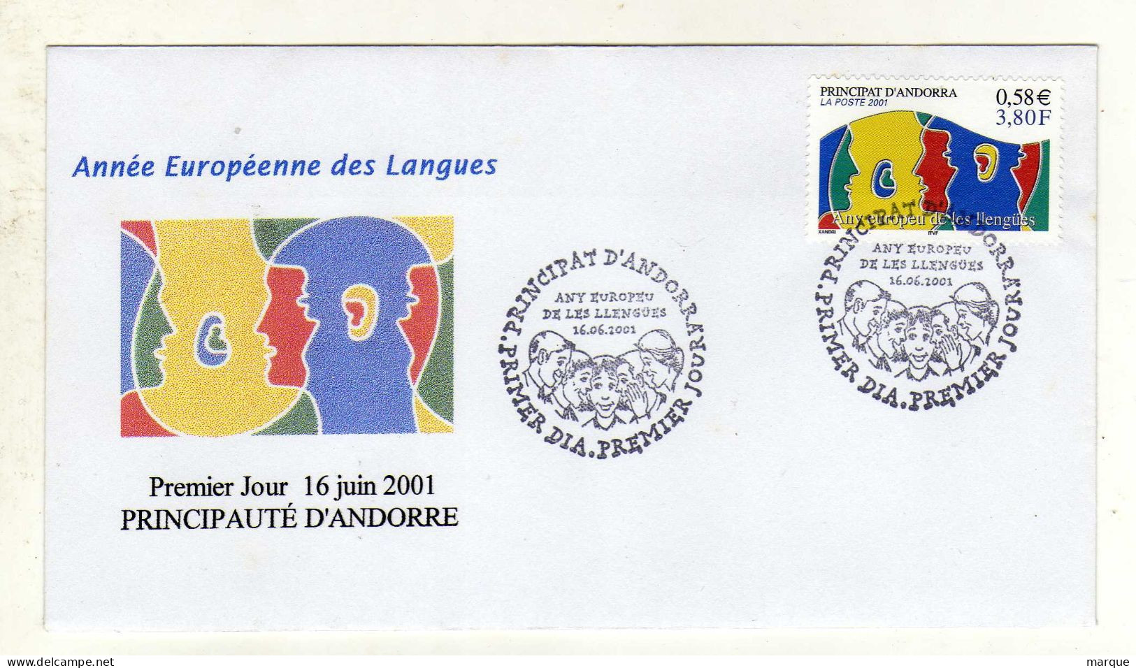 Enveloppe 1er Jour ANDORRE PRINCIPAT D'ANDORRA Oblitération 16/06/2001 - Usati