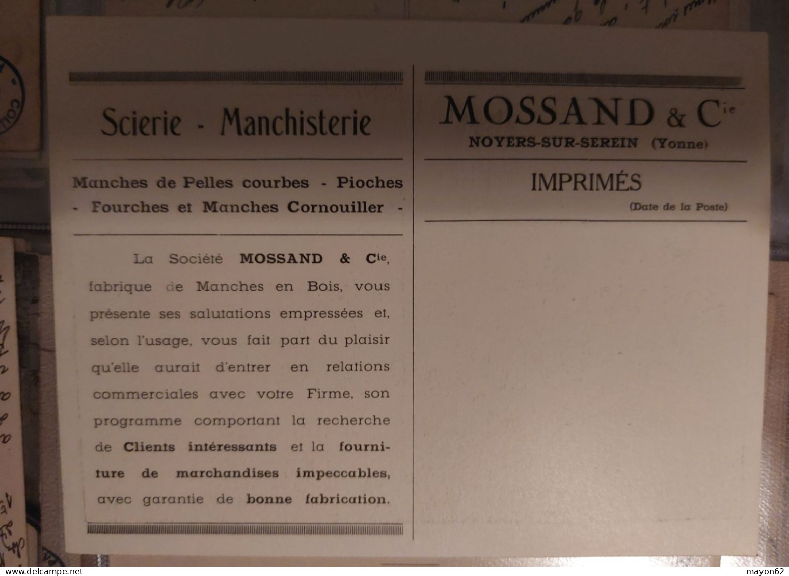 NOYERS SUR SEREIN  89 - MOSSAND & Cie - MANCHISTERIE - SCIERIE - USINE DE MOUTOT , PAR ANNAY - RARE - Noyers Sur Serein