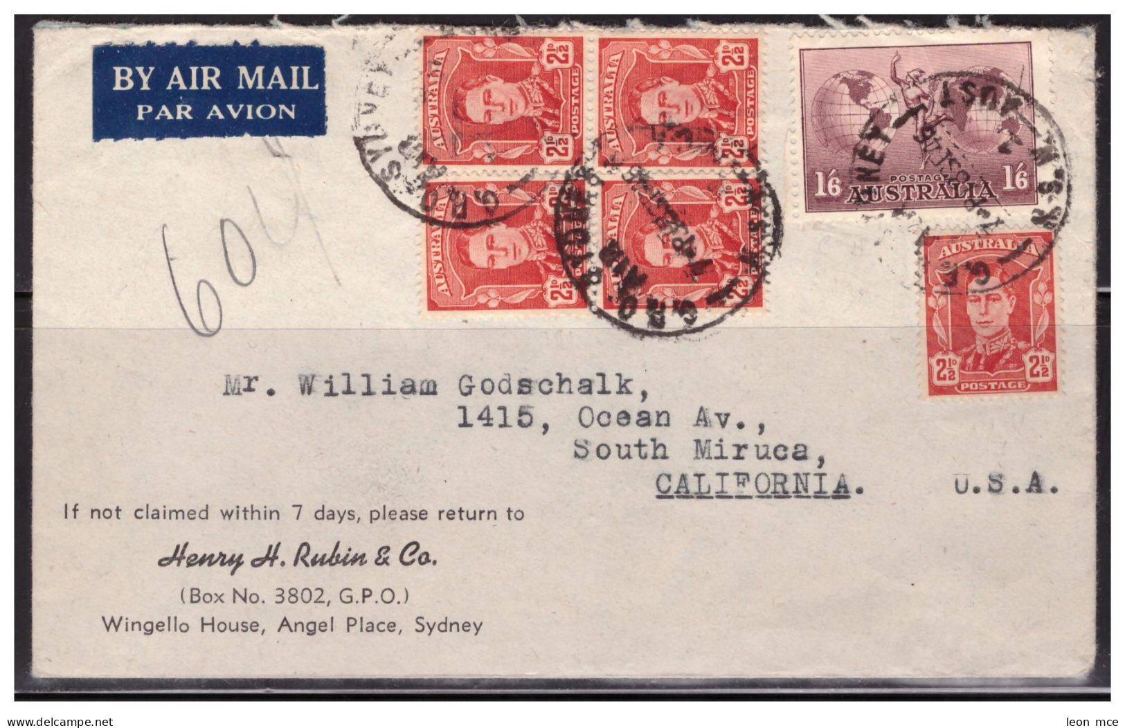 1946 AUSTRALIA, COVER BY AIR MAIL FROM SYDNEY TO CALIFORNIA USA, SC. 191-C4 - Storia Postale