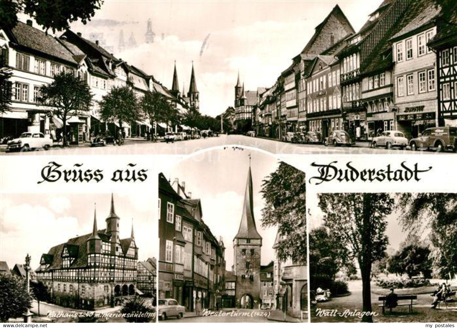 72984659 Duderstadt Haeuserpartie Innenstadt Rathaus Fachwerkhaus Mariensaeule W - Duderstadt