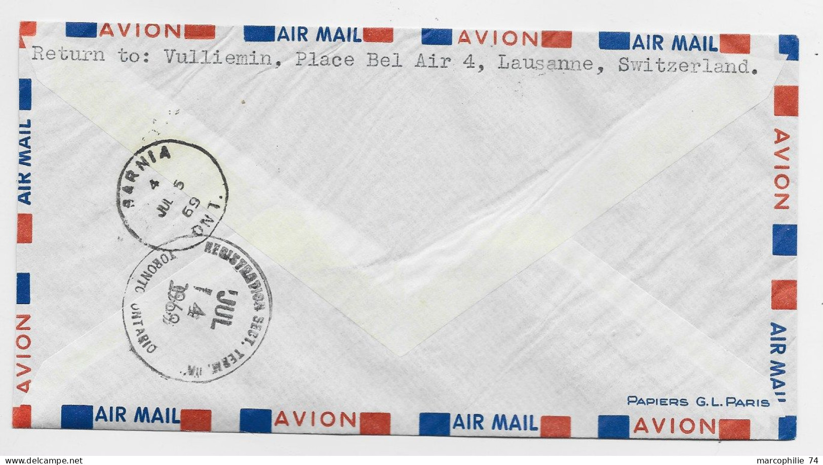 BLASON 25C+20C ST LO +TABLEAU 1FR BANDE DE 3 LETTRE REC AVION PARIS 2.7.1969 POUR LE CANADA - 1941-66 Stemmi E Stendardi