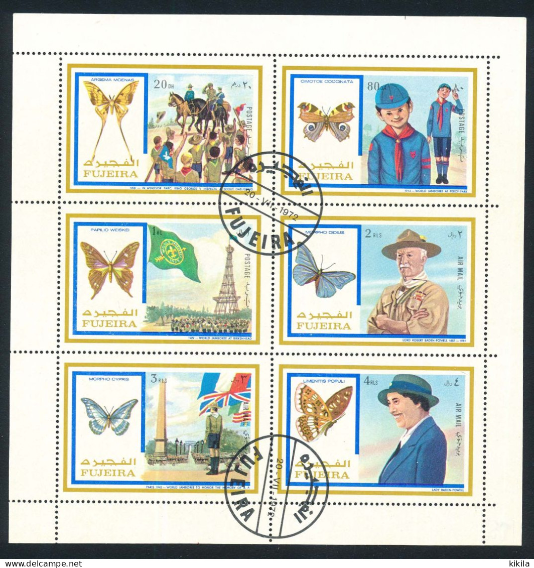 Planche De 6 Timbres Oblitérés FUJEIRA XI-6 Insectes : Papillons Et SCOUTISME Baden Powell, Jamboree 1913-1929-145 - Used Stamps