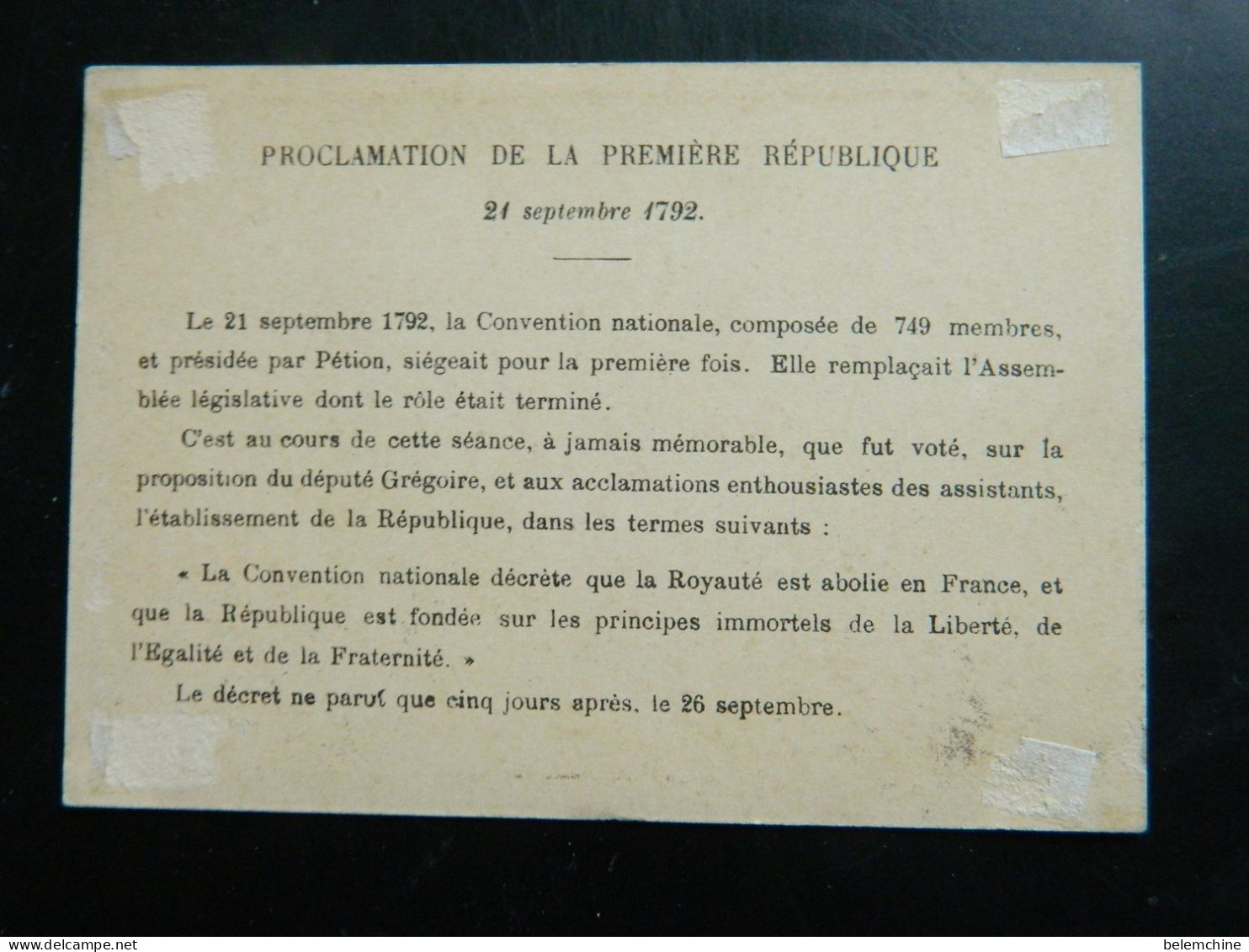 CHROMO PROCLAMATION DE LA REPUBLIQUE         ( 21 SEPTEMBRE 1792 )     ( 12,2   X  8,5 Cms) - Artis Historia