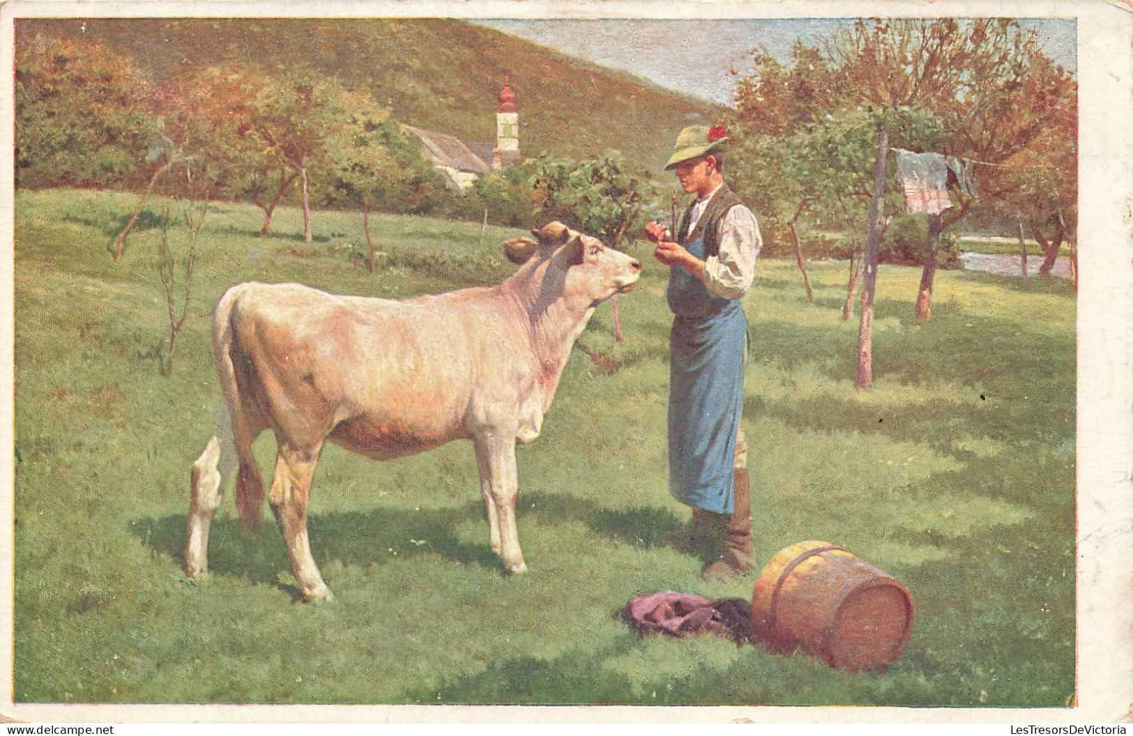 ANIMAUX & FAUNES - Vaches - Un Homme Et Une Vache - Landlichre Idylle - Karl Feiertag Pinx - Carte Postale Ancienne - Vaches