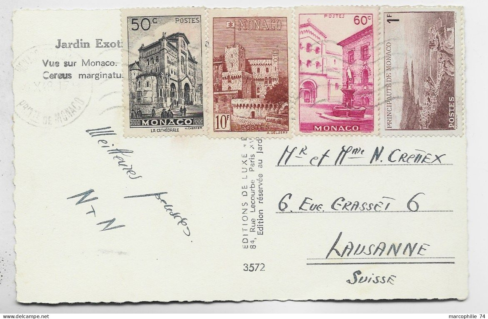 MONACO 50C+60C+1FR+ 10FR CARTE 5 MOTS  MEC MONACO 1948 POUR SUISSE PAS AU TARIF - Briefe U. Dokumente