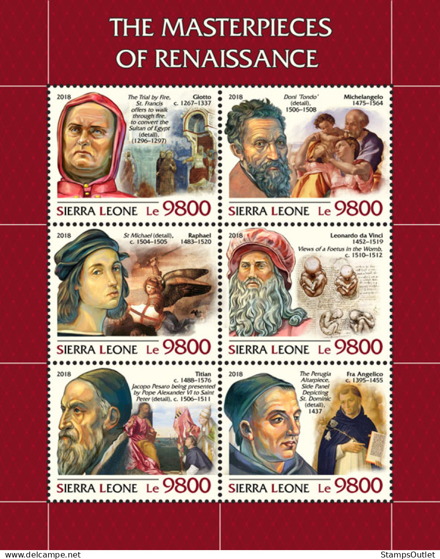  SIERRA LEONE 2018 MNH  The Masterpieces Of Renaissance   Code: 10206-10211.Scott Code: 4955 Code: 8253-8258 - Sierra Leone (1961-...)