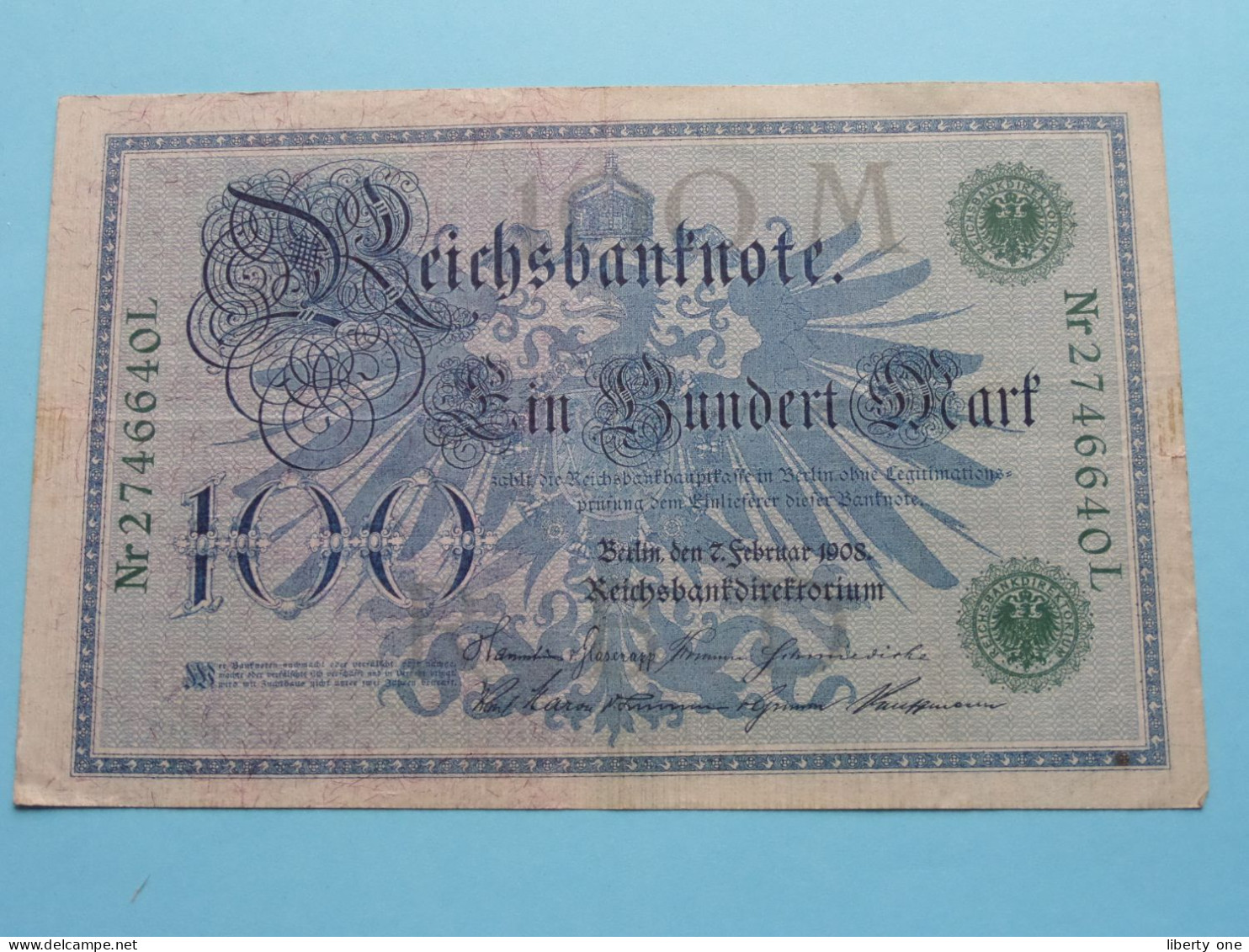 Reichsbanknote 100 Ein Hundert Mark Nr.2746640L - Berlin Den 7 Februar 1908 ( Zie / Voir Scans ) VF ! - 100 Mark