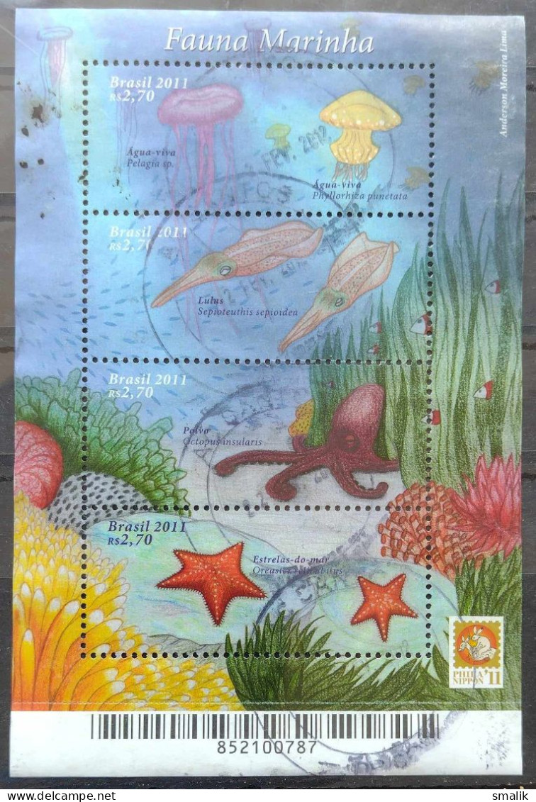 BRAZIL 2011 - Brasilien Marine Life Jelly Fishes PHILANIPPON Fauna Marinha, Miniature Sheet, Fine Used - Used Stamps